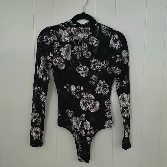 Guess Y2K Whimsygoth Dark Fairy Romantic Black‎ Lace Floral Sheer Mesh Bodysuit - Picture 1 of 5